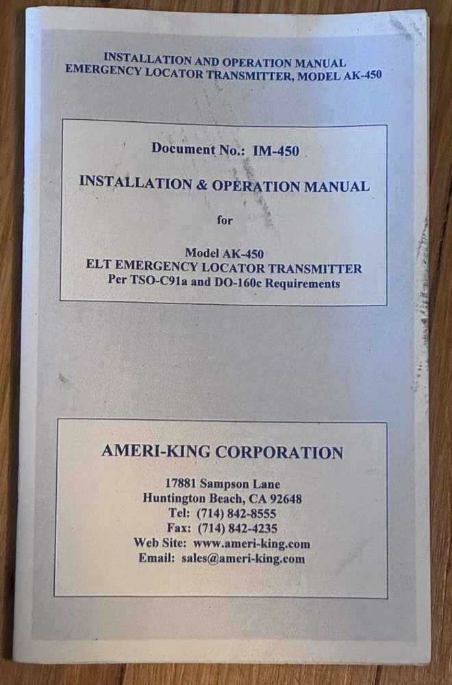 Installation & Operation Manual Model AK-450 Emergency Locator Transmitter