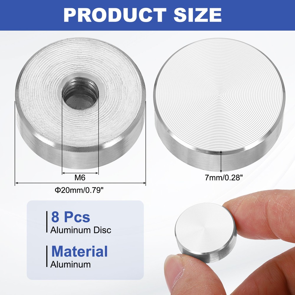 8pcs M6 Thread 20mm Diameter Round Shape Aluminum Disc Hardware, Silver
