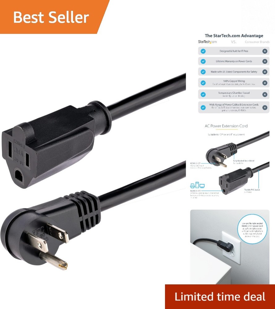 1ft Black Right Angle Power Cable  Listed - Ideal for Space-Saving Solutions
