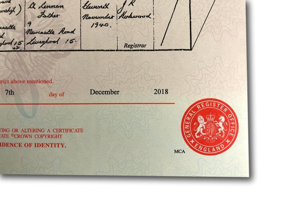 John Lennon Authentic Certified UK Birth Certificate Copy Authentic Beatles