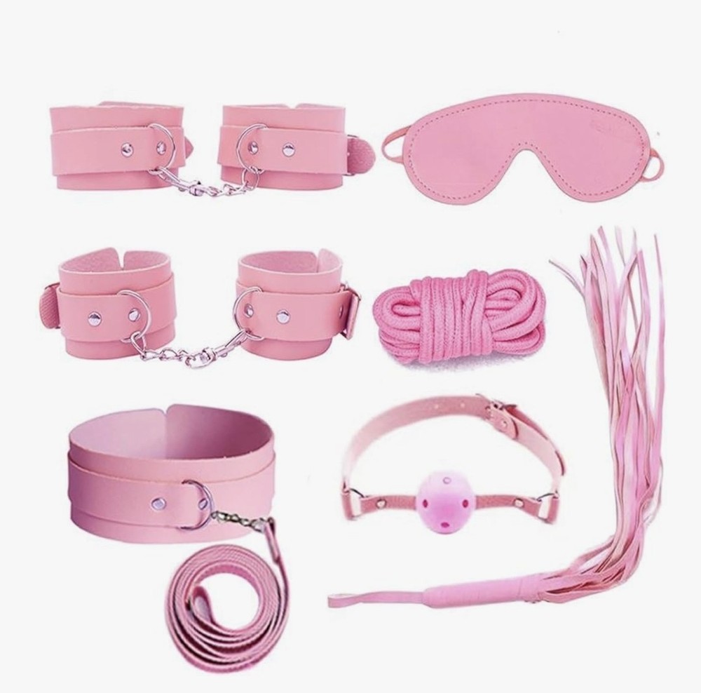 Pink 7 Pcs BDSM Kit for Beginners Bondage Set for Couples with Adjustable Cuffs
