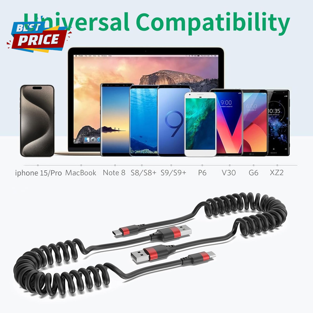 Coiled USB C Cable for Car, 2 Pack Type C Coiled Cable Fast Charging, USB to USB