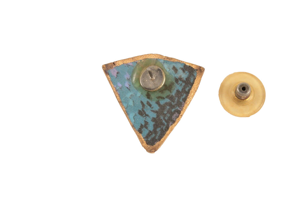 Vintage Blue Triangle Earrings with Gold Accent Pierced Stud Style