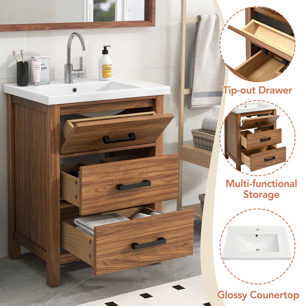 Modern 24'' Bathroom Vanity with Ceramic Basin - 3 Drawers Cabinet, Single Sink