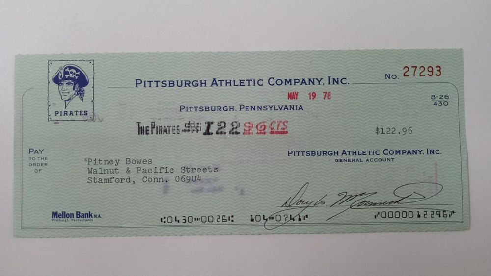 Pitney Bowes: 1978 Pittsburgh Pirates Expense Check