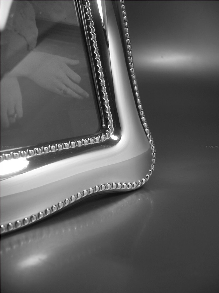 Photo Frame Chippendale Pearl Edge Solid 925 Sterling Silver Mahogany Back(T2)