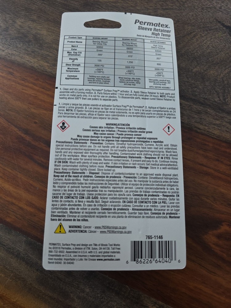 Permatex sleeve Retainer 64040