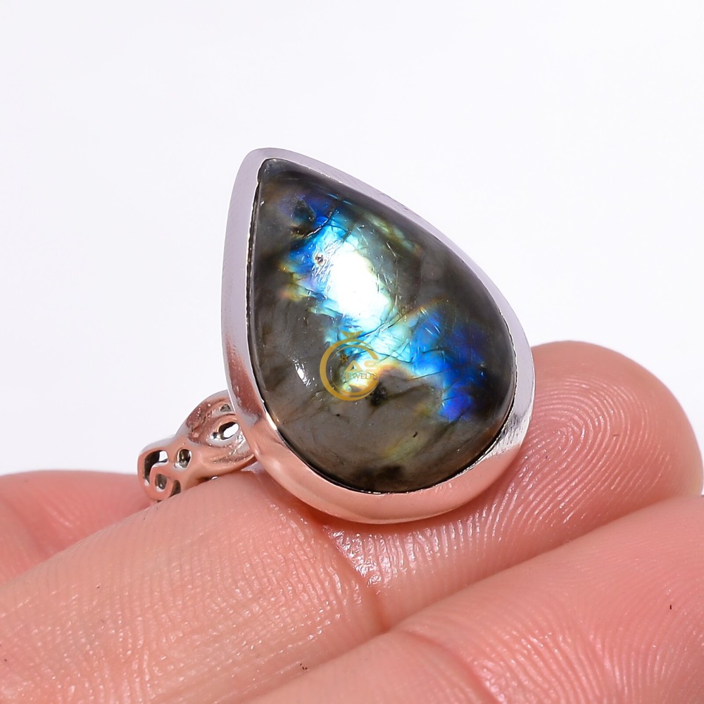Natural Blue Fire Labradorite Gemstone Ring 925 Sterling Silver Statement Rings