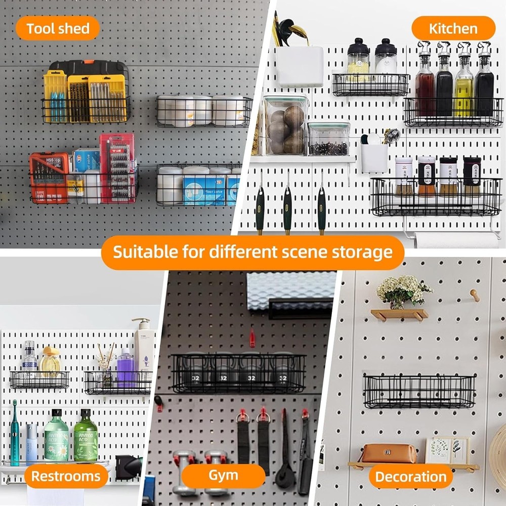 4 Pack Pegboard Baskets Hooks Set, Square Style 4 Size Peg Board Organizer Ba...