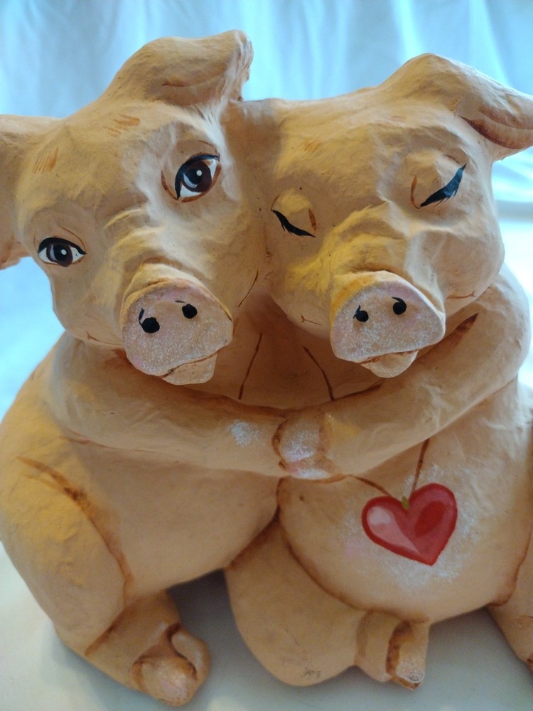 Paper Mache Hugging Pigs Planter