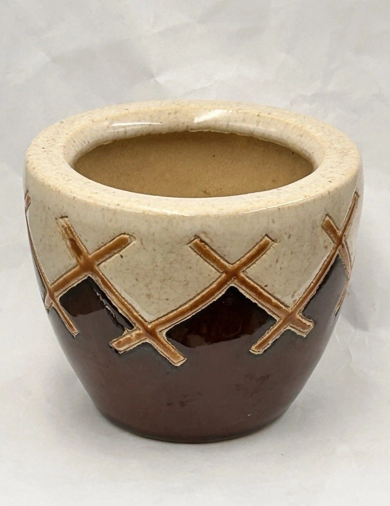Modernist Studio Art Pottery Sgraffito Teepee Design Planter, Signed/Marked