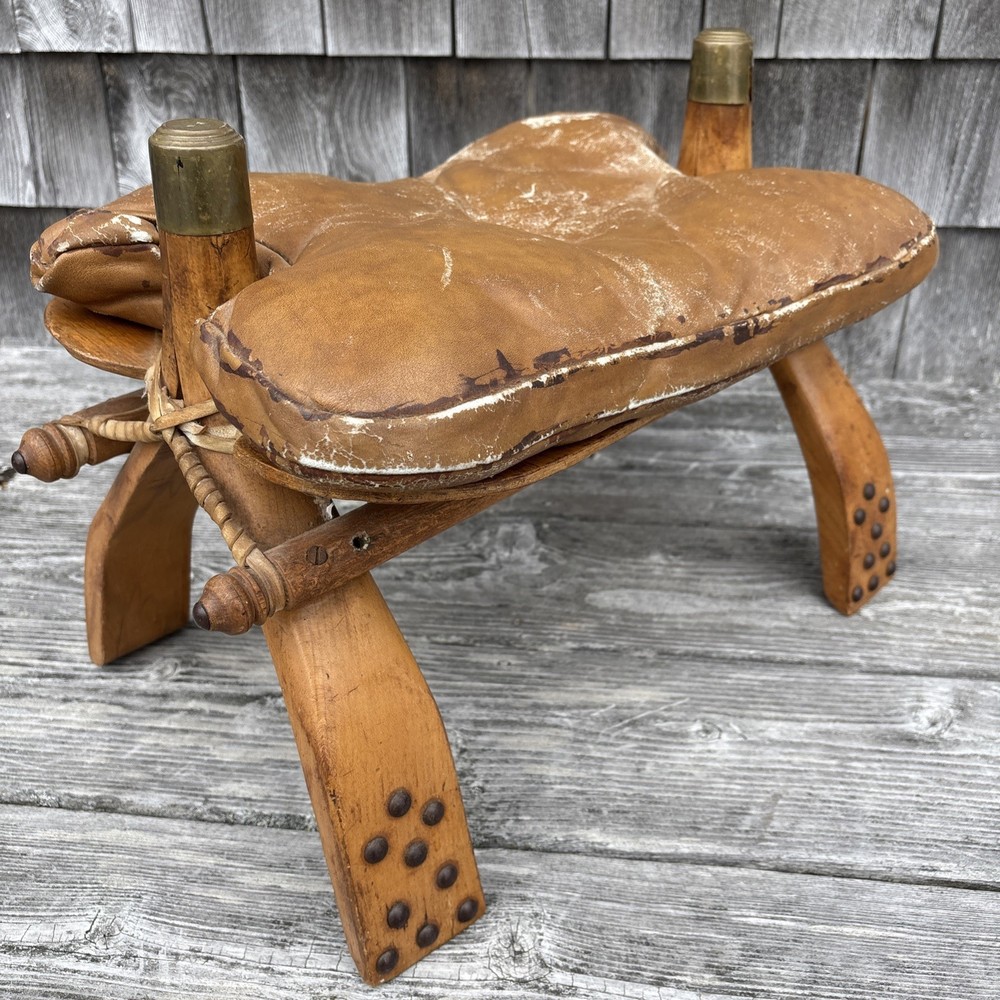 Vtg Camel Saddle Stool Brass Caps Leather Ottoman Rustic Modern Heritage Decor