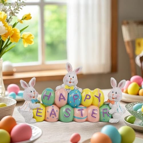 Easter Decorations Eggs Bunny, Hand-Painted Resin Tabletop Easter Eggs Bunny