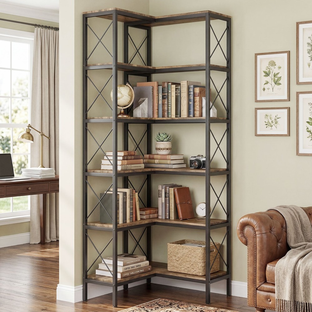 L-Shaped Bookshelf, 5-Tier Corner Bookcase, Rustic Brown