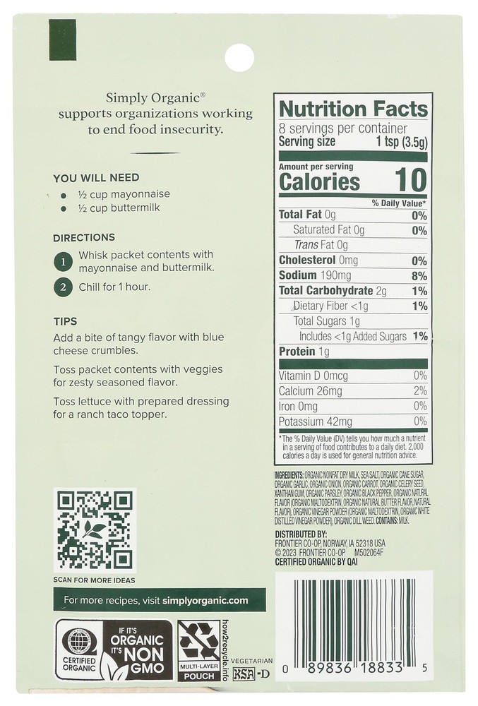 Simply Organic, Dressing Mix, Ranch, 1 Oz - 3 Count