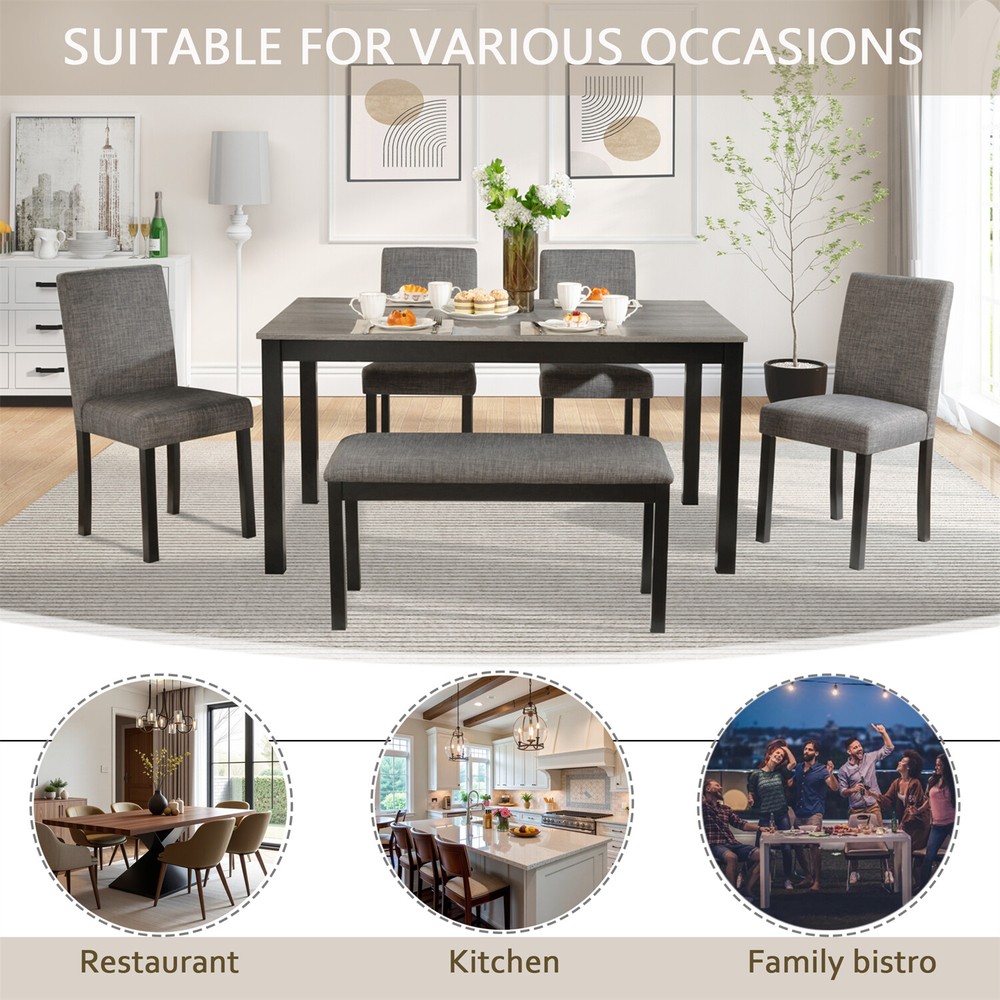 6 Piece Dining Table Set Wooden Dining Table w/ 4 Chairs & Bench Light Gray