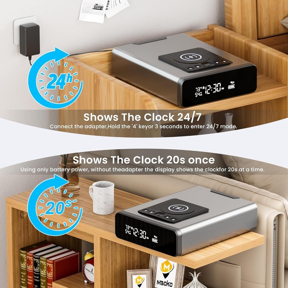 Biometric Discreet Gun Safe with 12-Hour Time Clock Display, Wireless Charging