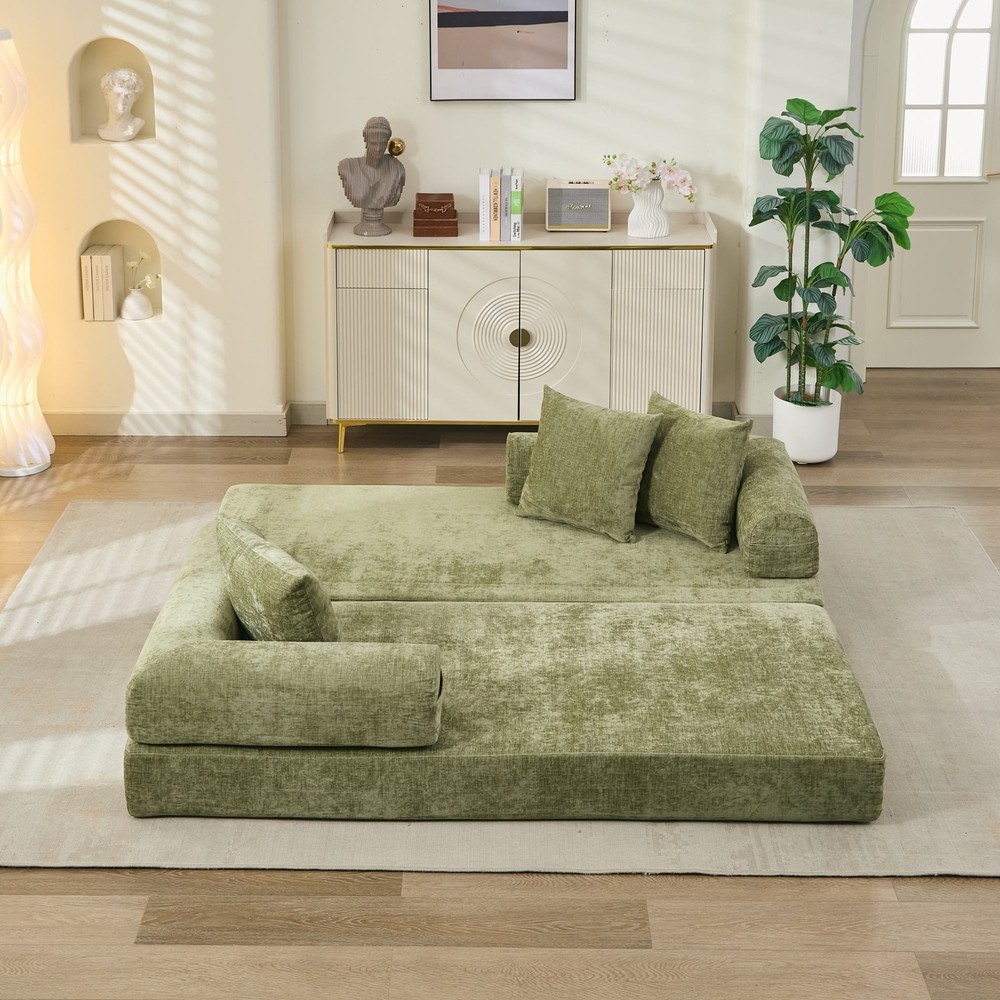 Multi-Functional Floor Sofa Convertible Folding Chenille Bed Sofa Couch Green