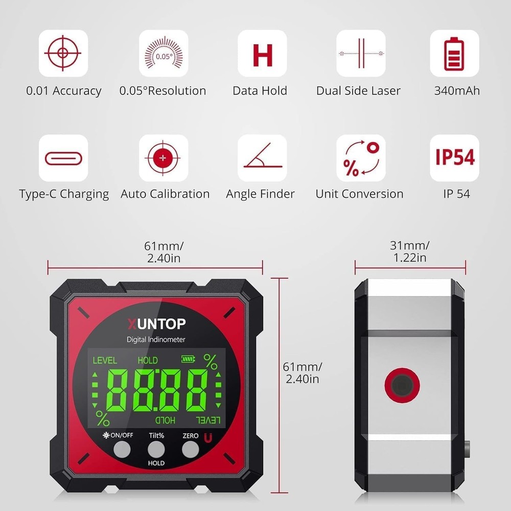 Compact USB Angle Gauge with Dual Laser & Automatic Inversion – Durable Design