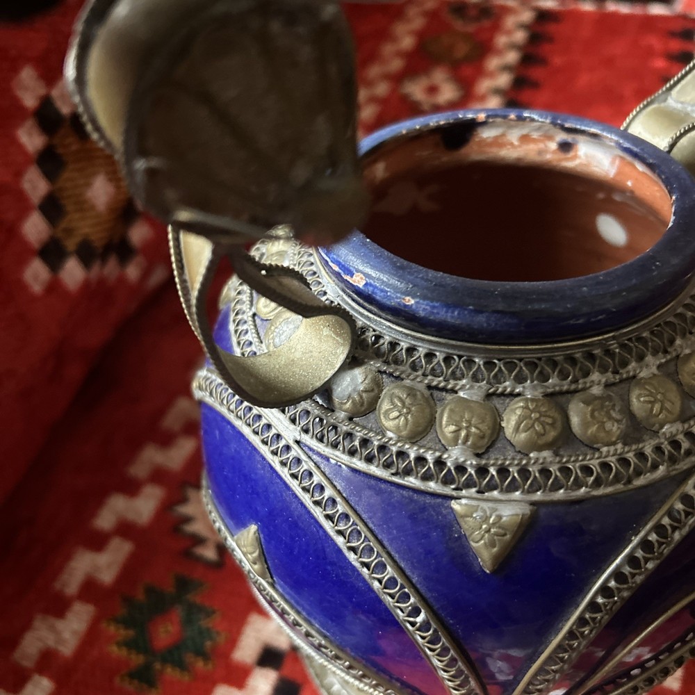 vintage Moroccan blue ceramic kettle with silver engraving