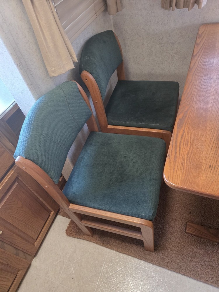 Light Brown Wood Dining Table Set with 4 Green Upholstered Chairs, Rectangular