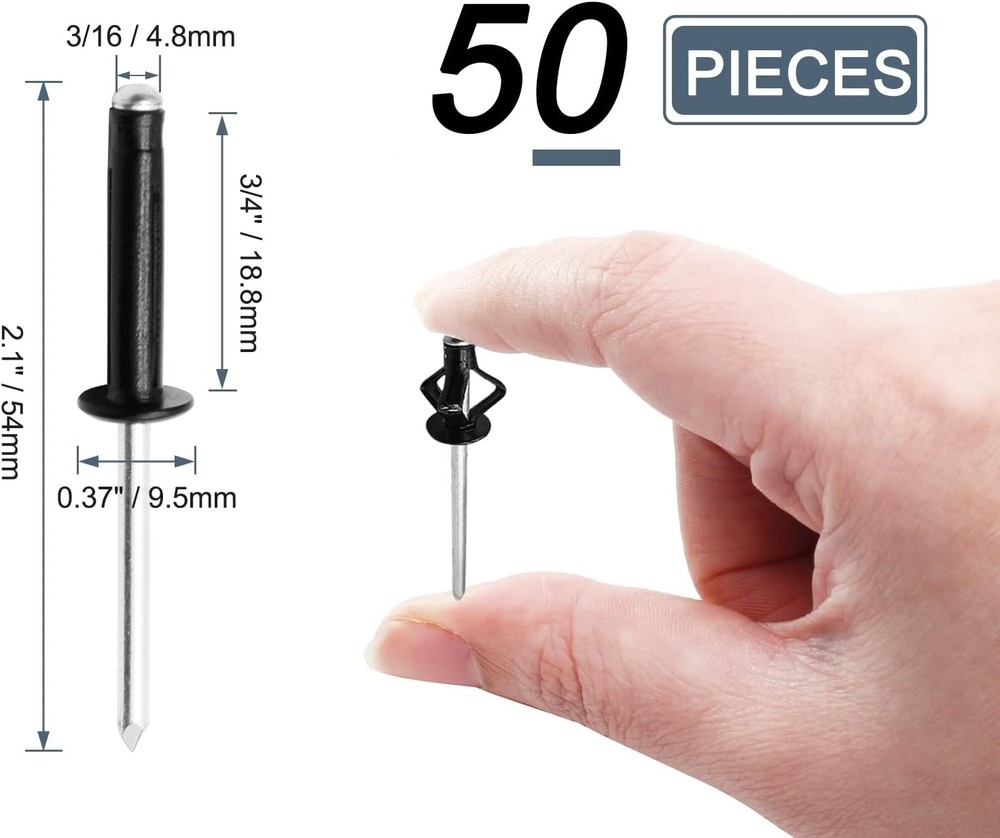 50Pcs 3/16" x 1" Tri Grip Rivets Assortment, Black Trifold Exploding Pop Rivets