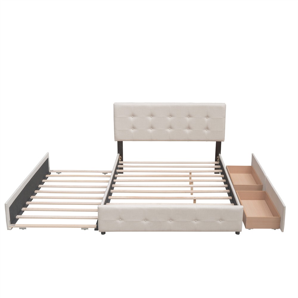 Queen Size Bed Frame Upholstered Platform Bed with Pull-Out Trundle & 2 Drawer