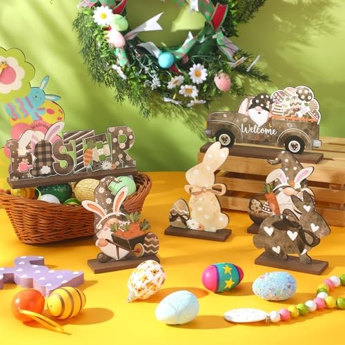 6 Pcs Easter Table Signs Wooden Rustic Happy Easter Table Centerpiece
