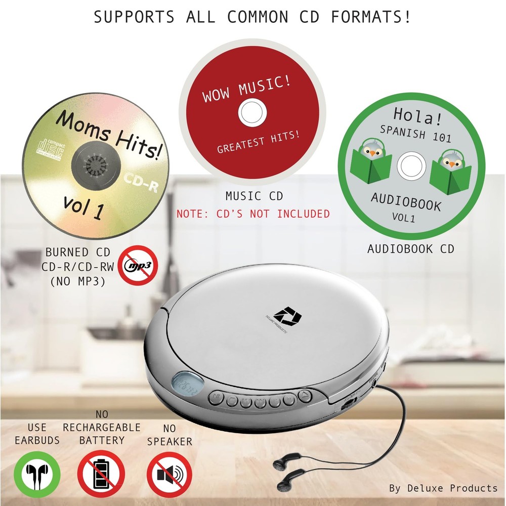 CD Player Portable with 60 Second anti Skip, Stereo Earbuds, Includes Aux in Cab