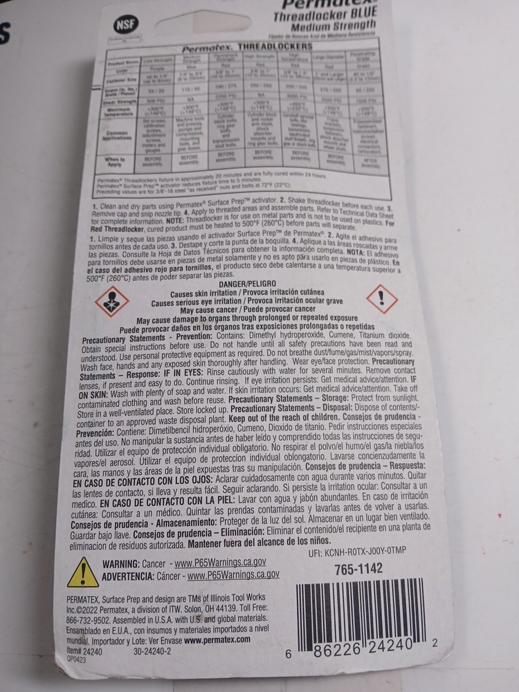 Permatex 24240 1.22oz Blue Threadlocker Medium Strength Threadlocker