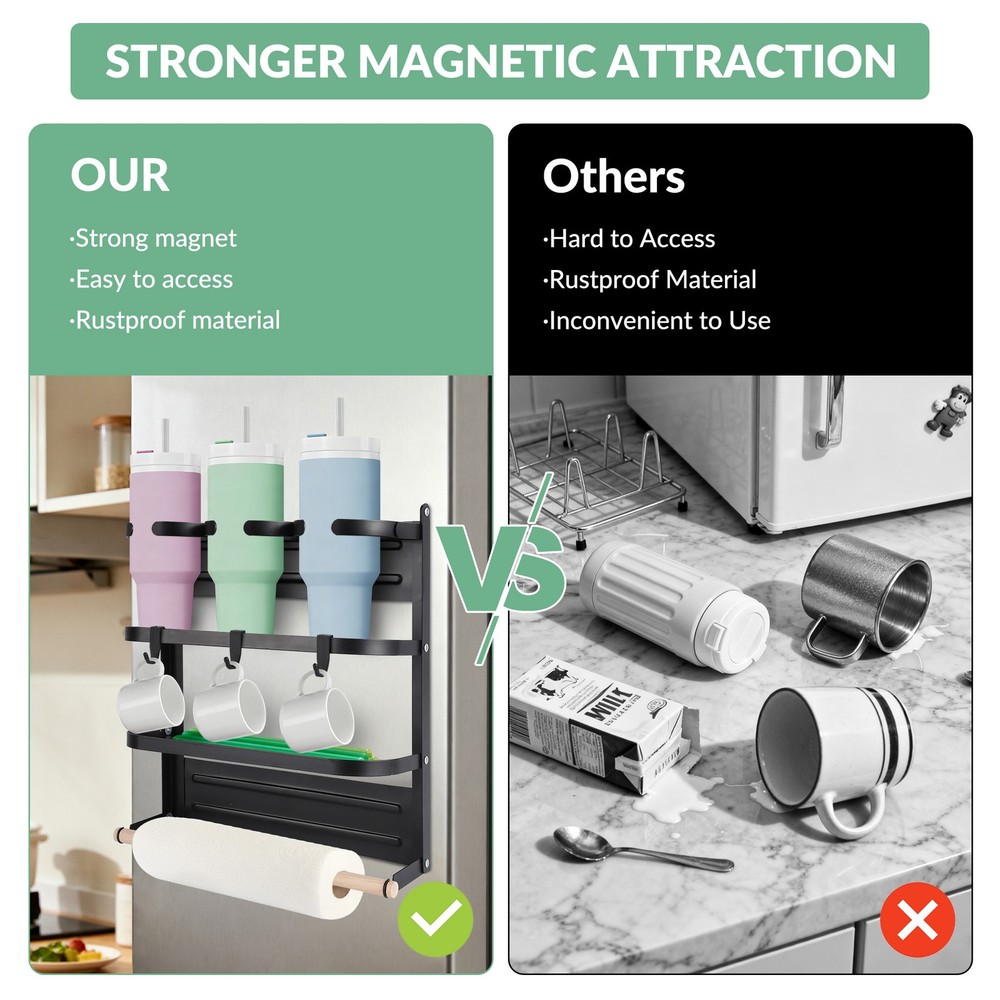 Magnetic Cup Holder for Refrigerator Foldable 3-Cup Organizer with Shelf & Hook