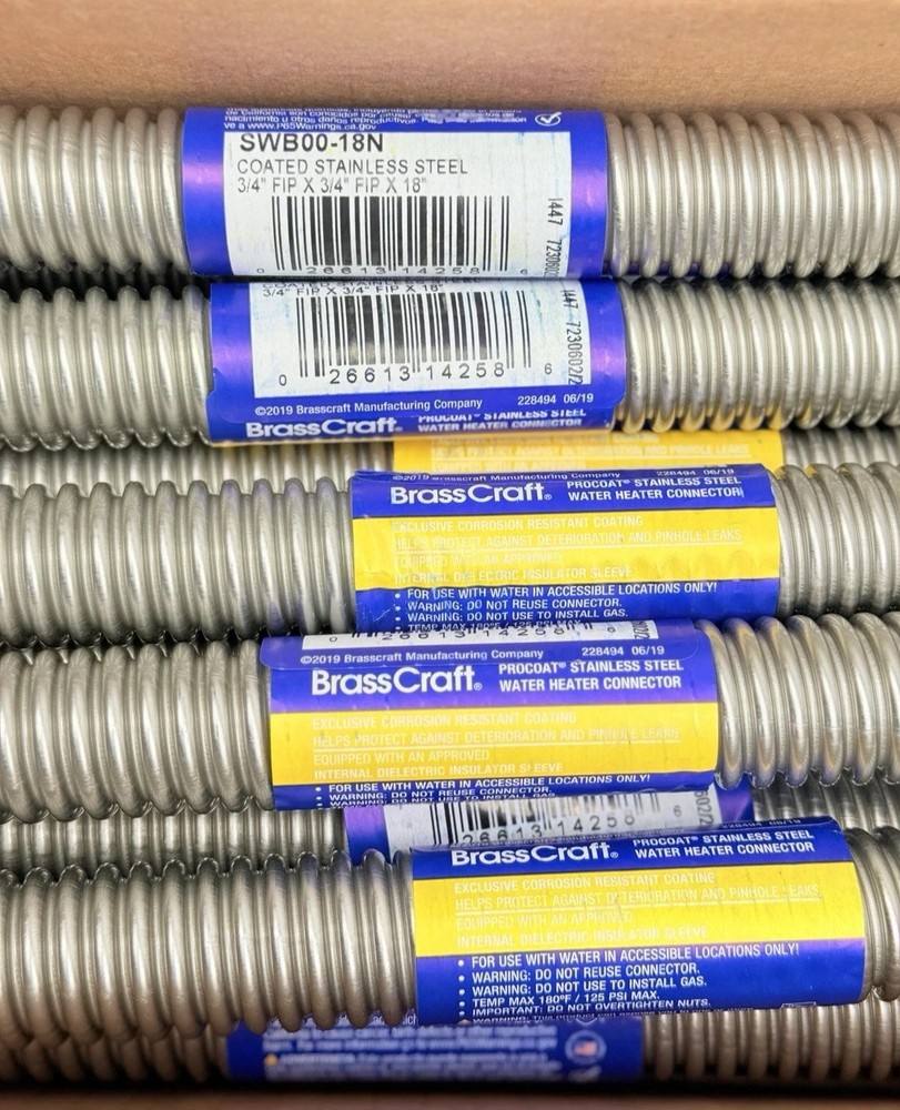 BOX OF 25, SWB00-18N BRASSCRAFT, WATER HEATER CONECTOR 3/4" FIP X 3/4 FIP X 18"