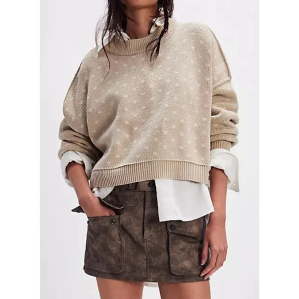 FREE PEOPLE WMNS MEDIUM PATTERN EASY STREET CROP PULLOVER SWEATER OATMEAL IVORY