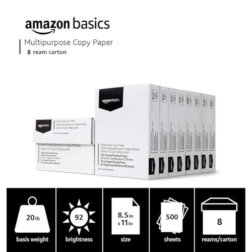 Amazon Basics Multipurpose Copy Printer Paper, 20 lb, 8.5 x 11 Inches, 8 Reams (