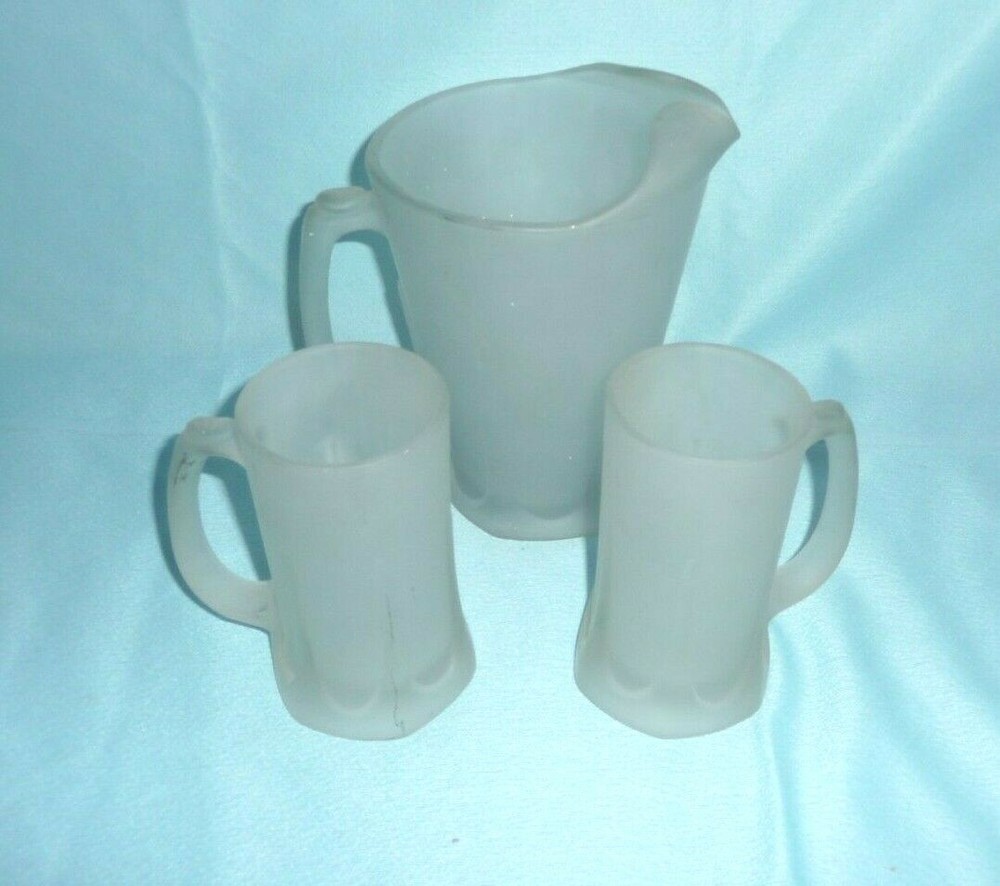 Frosted Glass Pitcher and Two Mugs