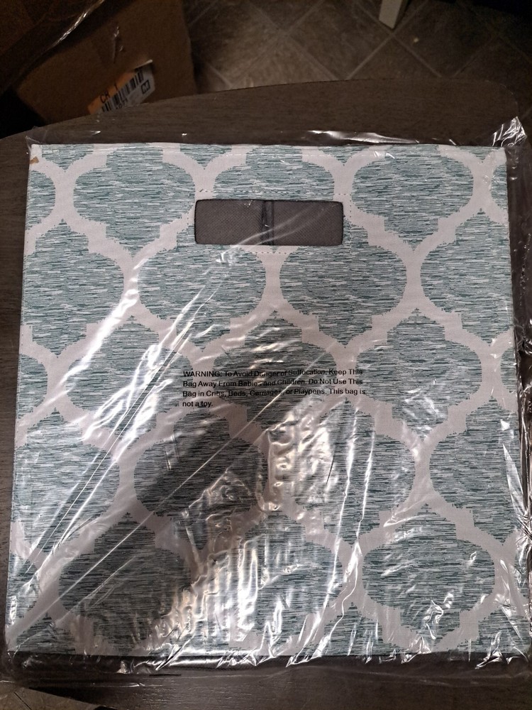 Threshold™ ~ 13" Square ~ Polyester Cube ~ Storage Bin ~ Teal & White Quatrefoil