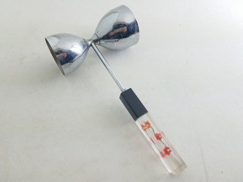 Vintage Jigger With Lucite Handle Embedded Flowers
