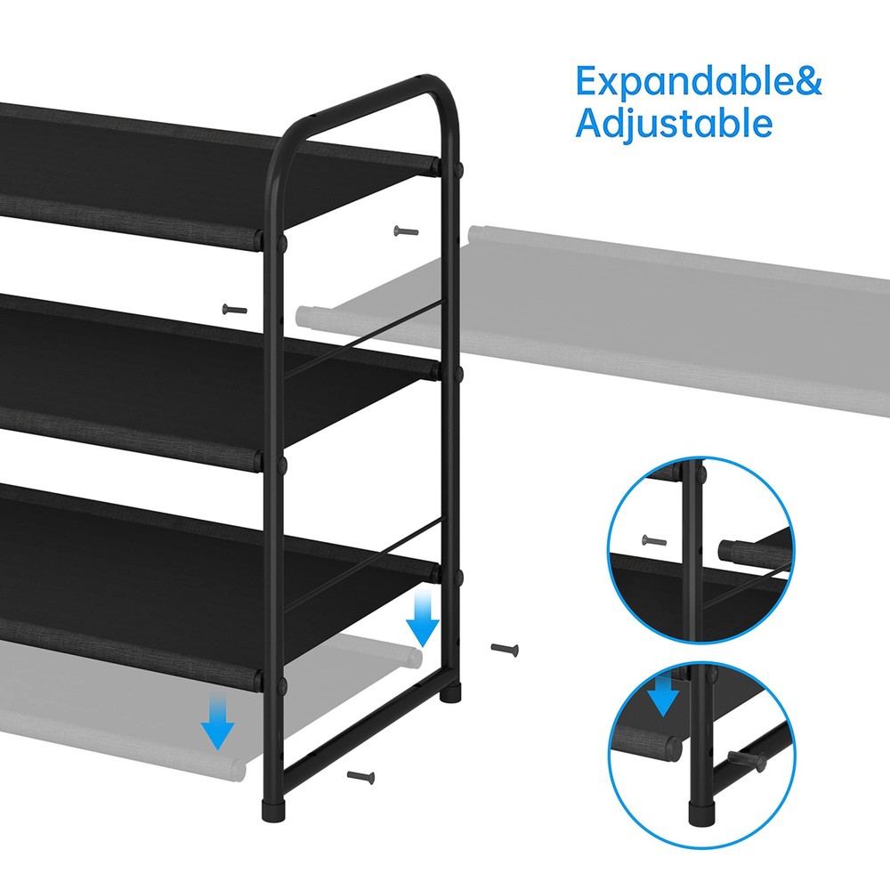 3 Tier Stackable Shoe Rack, Expandable Adjustable Fabric Shoe Shelf Storage O...