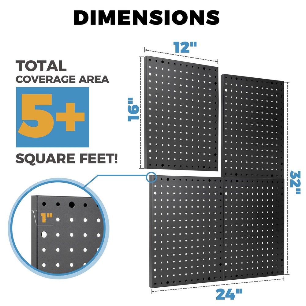 Heavy Duty 4-Panel Pegboard Wall Organizer & 32 Peg Hooks - Four Black Metal ...