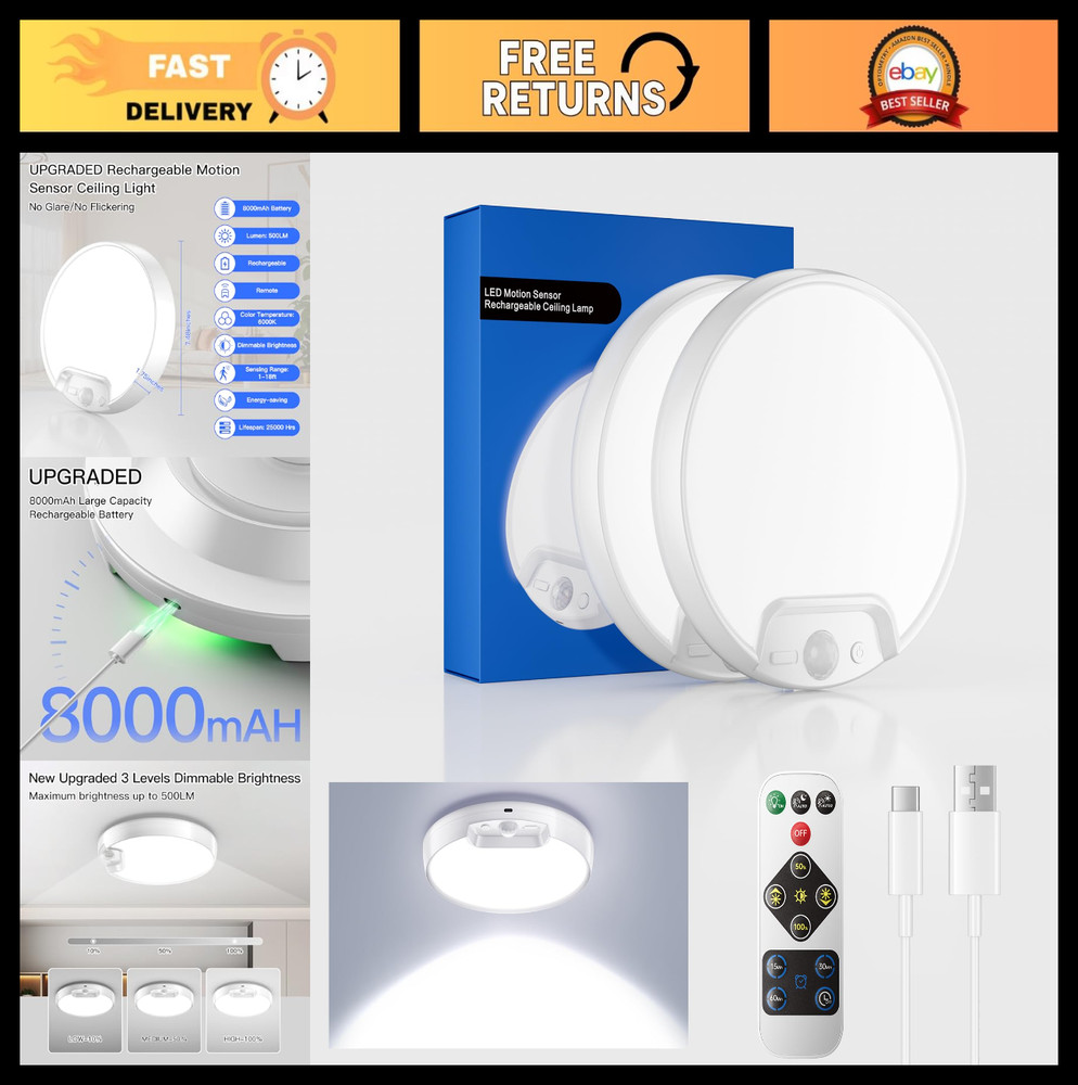 2 Pack Rechargeable Motion Sensor Ceiling Light with Remote - Battery-Powered 60
