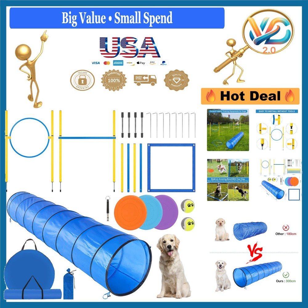 Dog Agility Course Set for Training & Exercise with Tunnel Jump Bars Equipment
