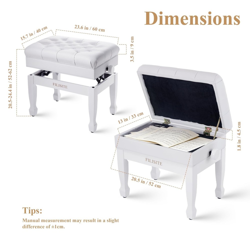 Adjustable Height Piano Bench with Storage, Heavy Duty Solid Wood Piano Stool...