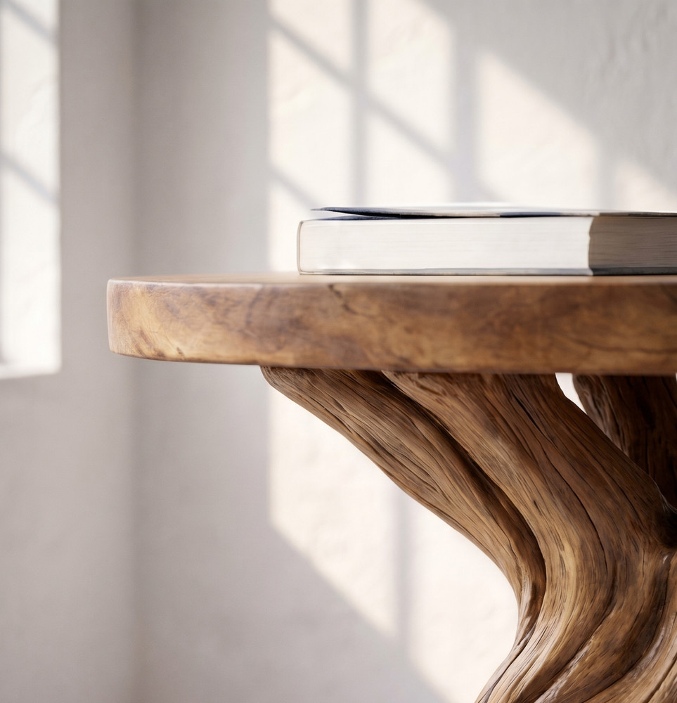 Wood Side Table Rustic Solid Wood Tree Root Base Round Top Handmade End Table