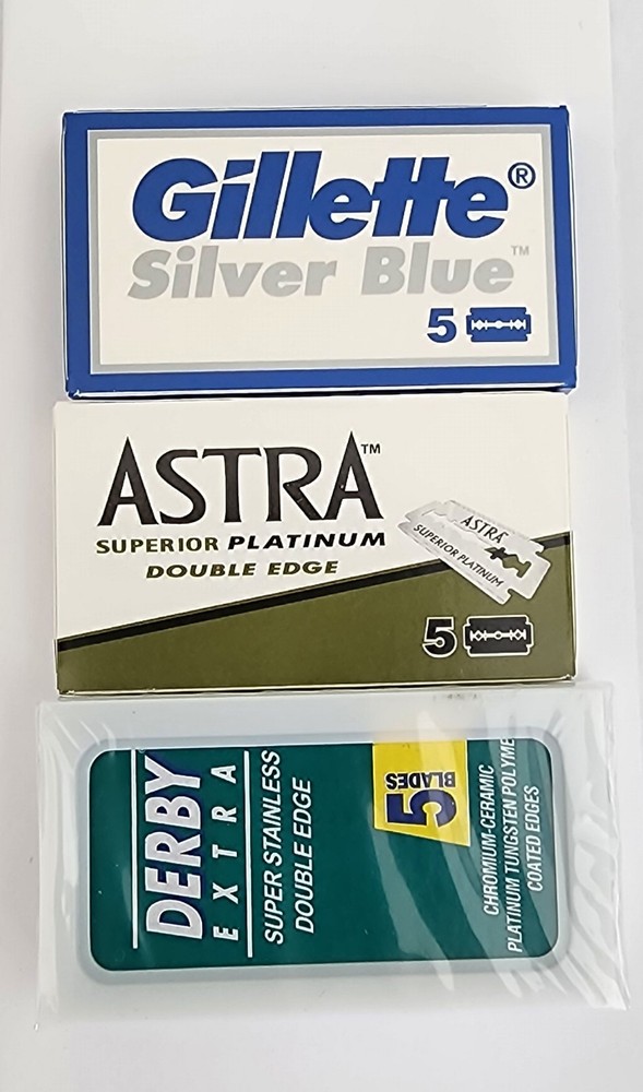 15 Double Edge Razor Blade Sampler Pack - Gillette Silver Blue, Astra, Derby DE