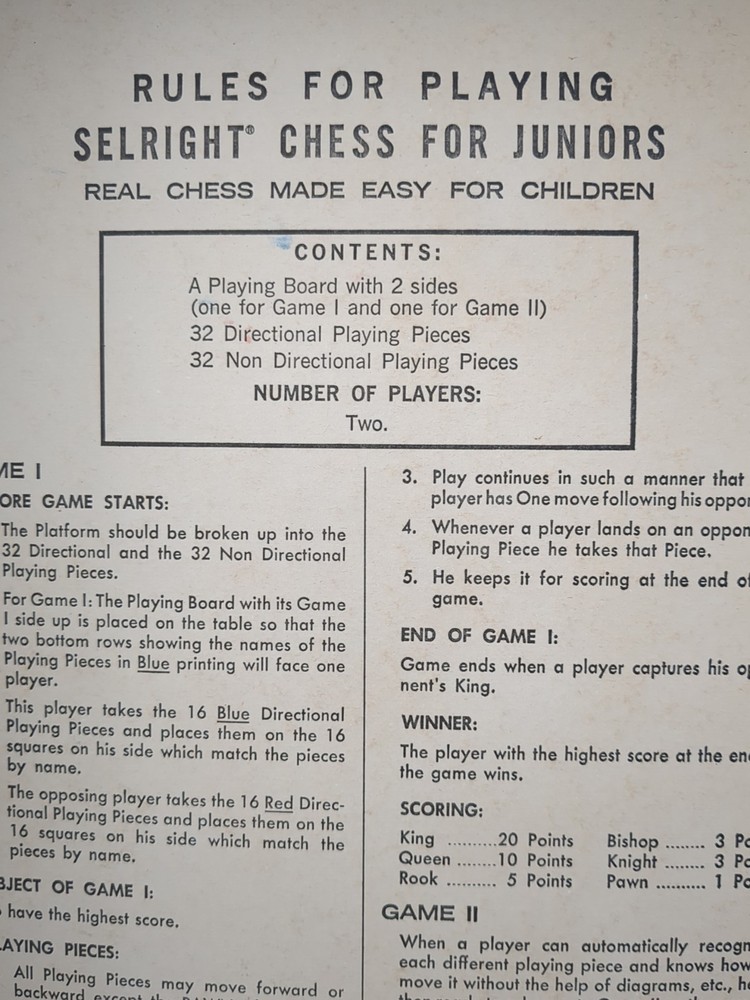 CHESS FOR JUNIORS Complete Unpunched 1963 Selchow & Righter