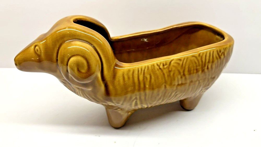 Vintage Glazed Brown Ceramic Pottery Ram Planter 11" Long