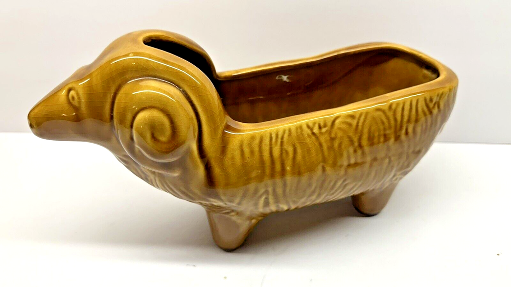 Vintage Glazed Brown Ceramic Pottery Ram Planter 11" Long