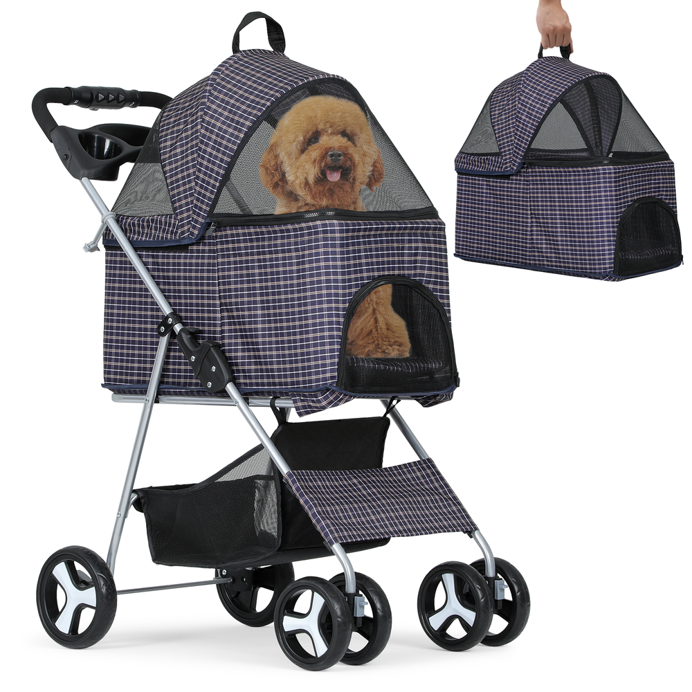 4 Wheels Pet Stroller Foldable Cat Cage Puppy Stroller Storage Basket+Cup Holder