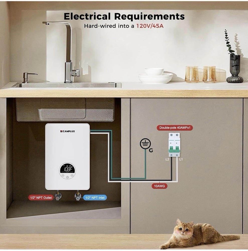 CAMPLUX Tankless Water Heater Electric 4.5kW 110~120V Small Instant Point-of-use