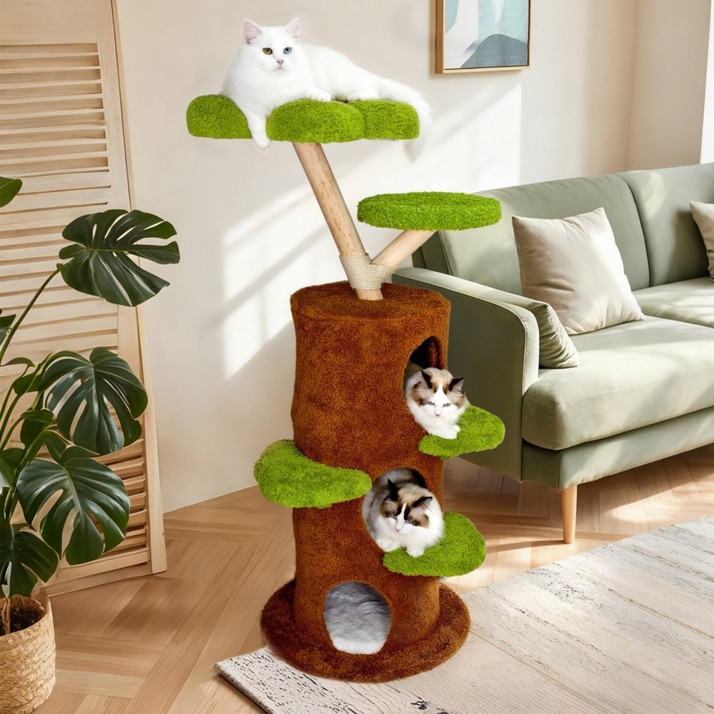 Cat Tree Tower for Large Cats Solid Wood Scratching Post with Basket Condo Perch